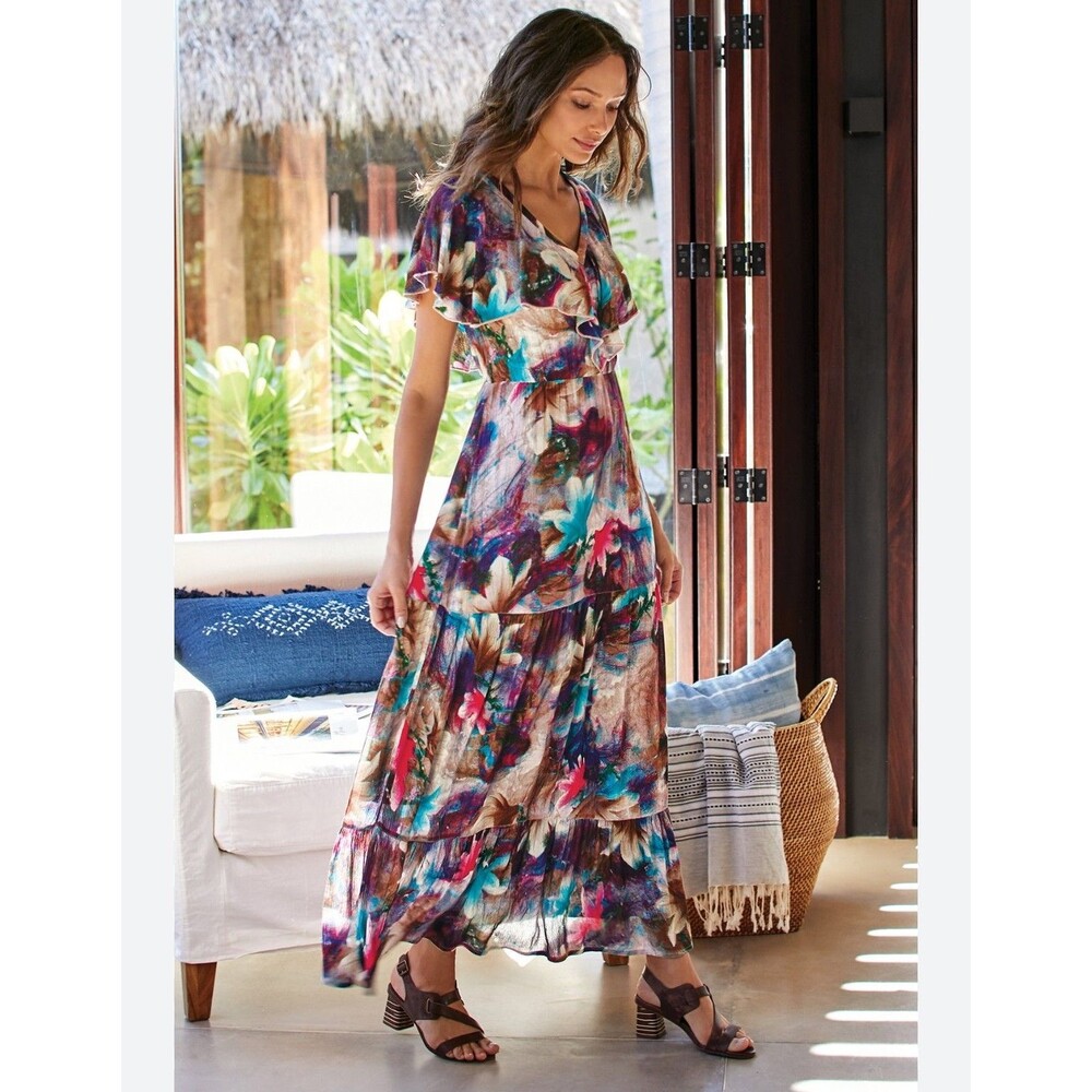 Soft Surroundings Italian Dreams Tiered Maxi Dress Women’s Large Floral Ruffle